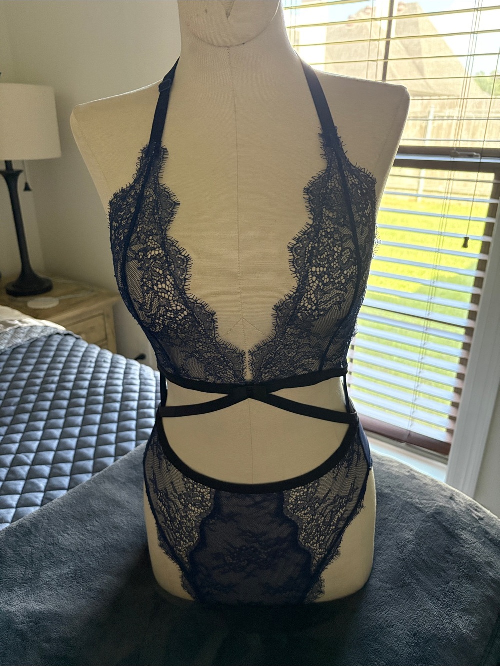 Victoria's Secret Black Lace Halter Strappy Teddy
